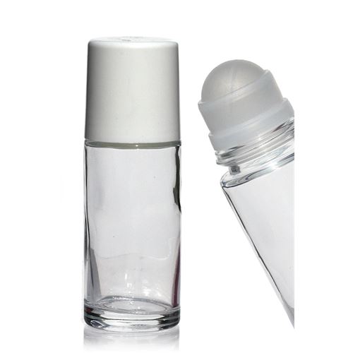 50ml Clear Glass Deodorant Roll-on Bottle with White Cap